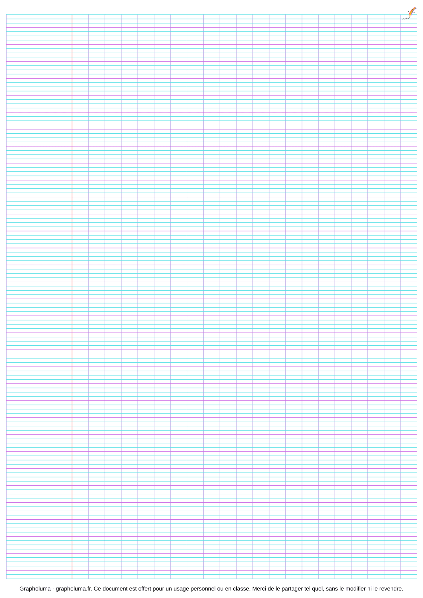feuille avec lignage Seyes 2 mm avec marge et grands carreaux